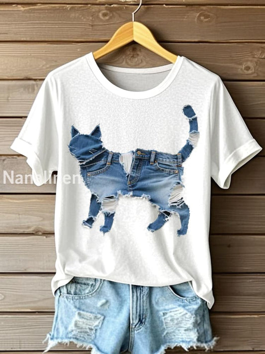 Women’s Funny Cat Patchwork Art Short Sleeve T-Shirt White / S