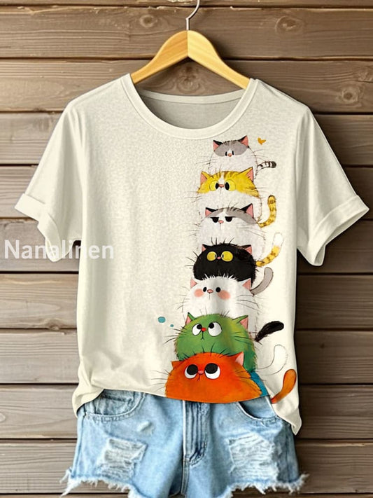 Women’s Funny Cats Art Print Short Sleeve T-Shirt As picture / S