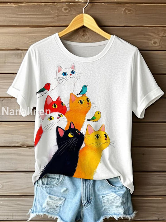 Women’s Funny Cats Art Print Short Sleeve T-Shirt As picture / S