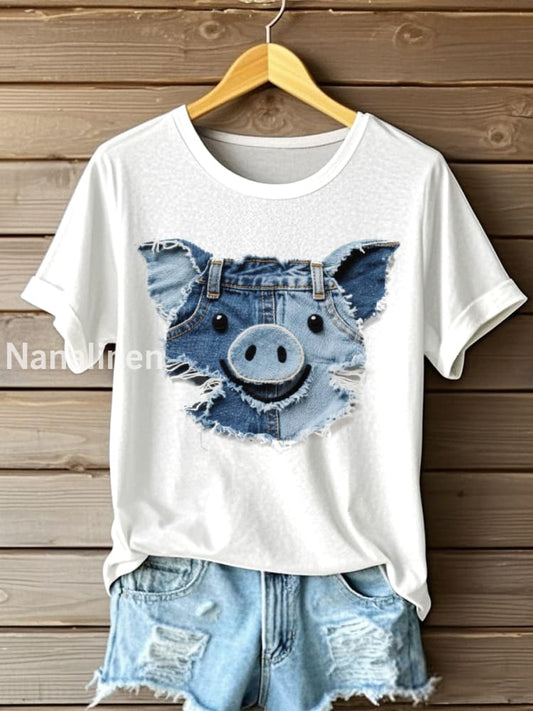 Women’s Funny Pig Patchwork Art Short Sleeve T-Shirt White / S