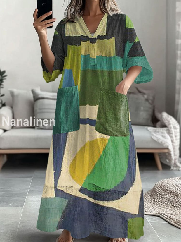 Women’s Geometric Color Contrast Print Casual V-Neck Midi Sleeve Midi Dress Colorful / S