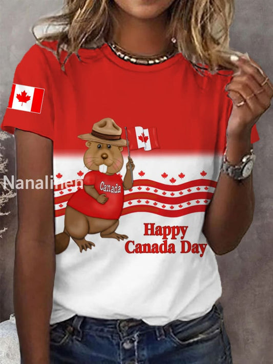 Women’s Happy Canada Day Canadian Flag Maple Leaf Beaver Print Casual Tee Red / S