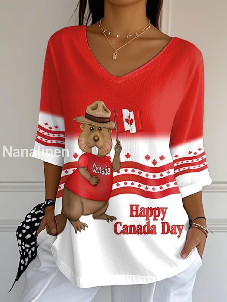 Women’s Happy Canada Day Canadian Flag Maple Leaf Beaver Print Casual Top Red / S