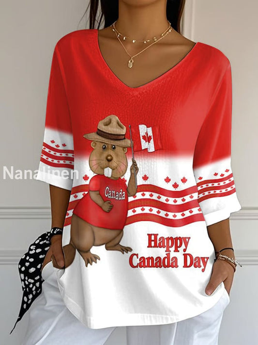 Women’s Happy Canada Day Canadian Flag Maple Leaf Beaver Print Casual Top Red / S