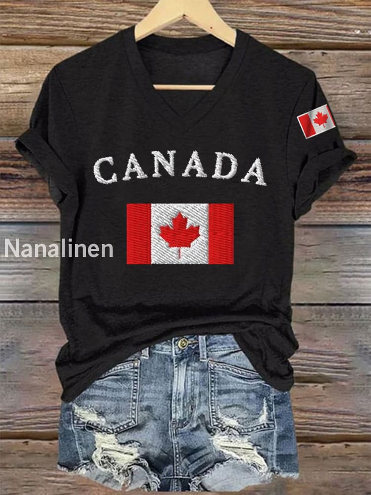 Women’s Happy Canada Day Canadian Flag Print Casual V-Neck Tee Black / S