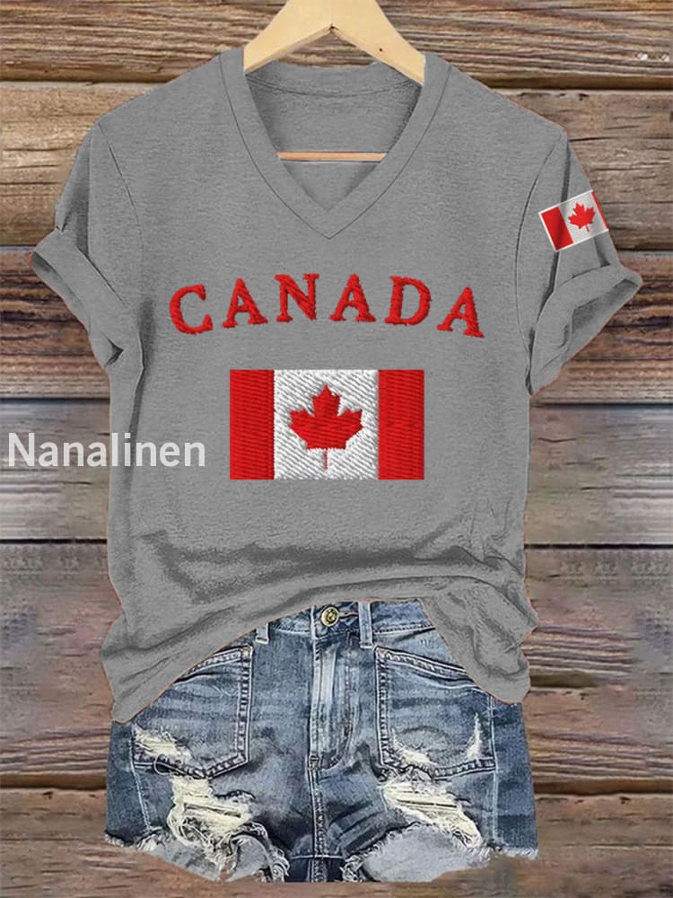 Women’s Happy Canada Day Canadian Flag Print Casual V-Neck Tee Light Gray / S
