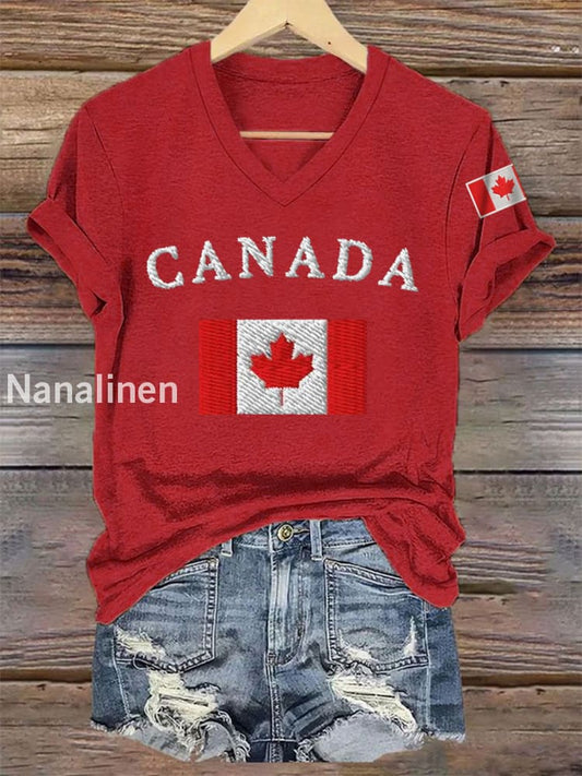 Women’s Happy Canada Day Canadian Flag Print Casual V-Neck Tee Red / S