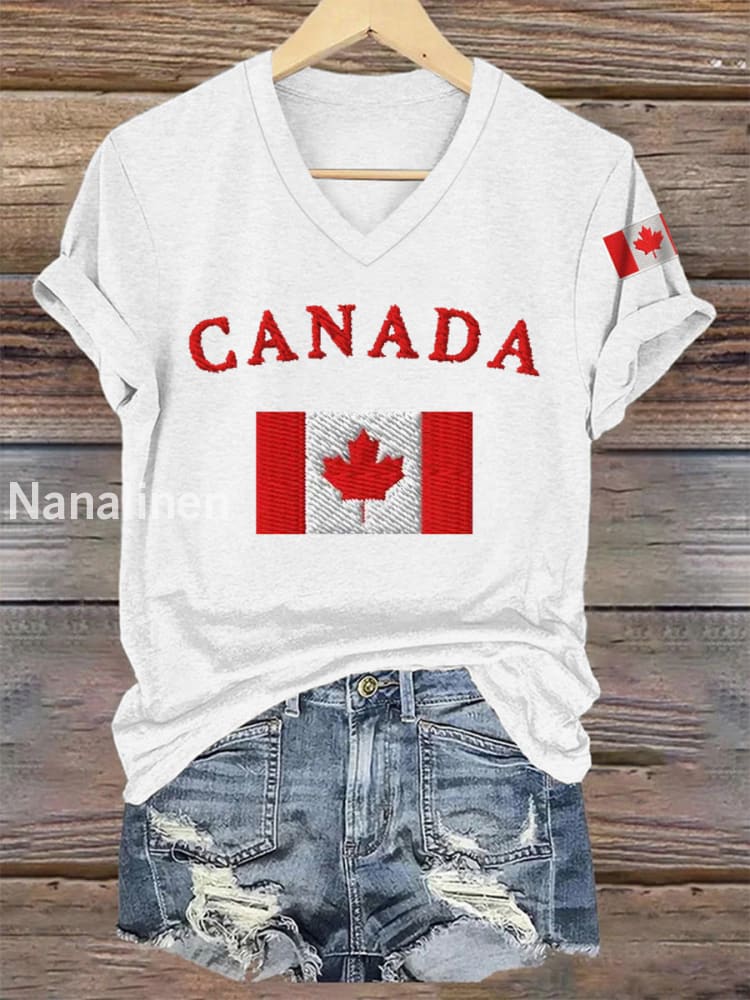 Women’s Happy Canada Day Canadian Flag Print Casual V-Neck Tee White / S