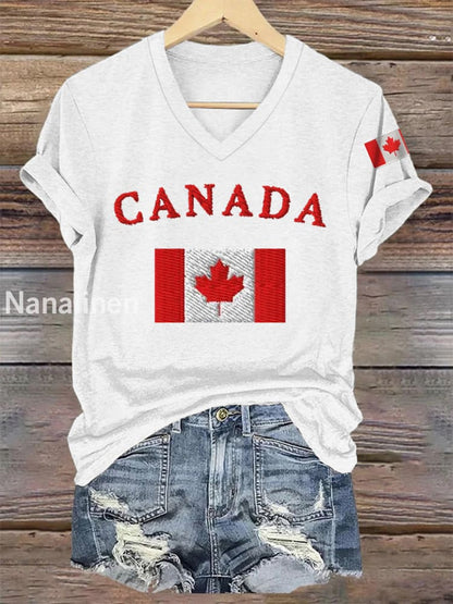 Women’s Happy Canada Day Canadian Flag Print Casual V-Neck Tee White / S