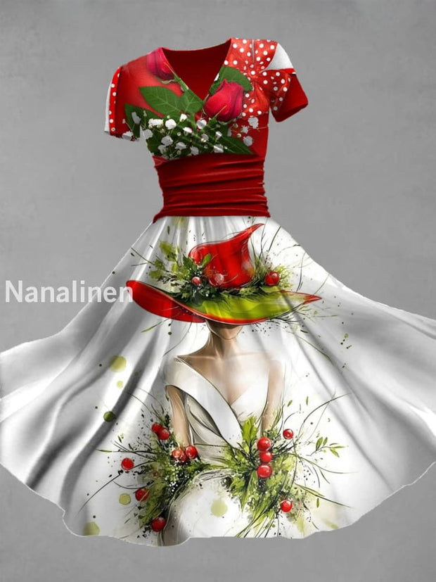 Women’s Health Awareness Floral Print V-Neck Elegant Chic Loose Short Sleeve Midi Dress A / S
