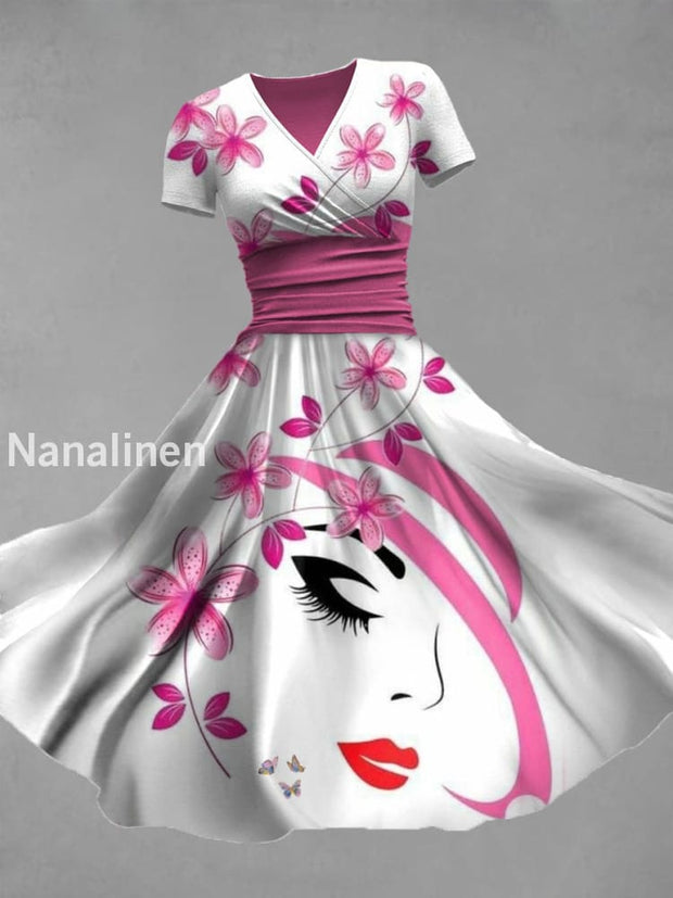 Women’s Health Awareness Floral Print V-Neck Elegant Chic Loose Short Sleeve Midi Dress A / S