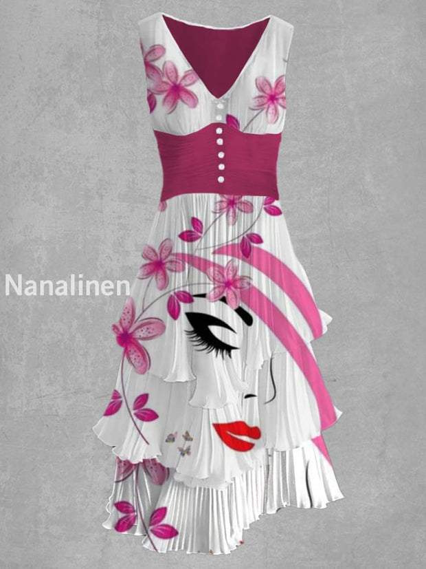 Women’s Health Awareness Floral Print V-Neck Vintage Chic Midi Dress A / S