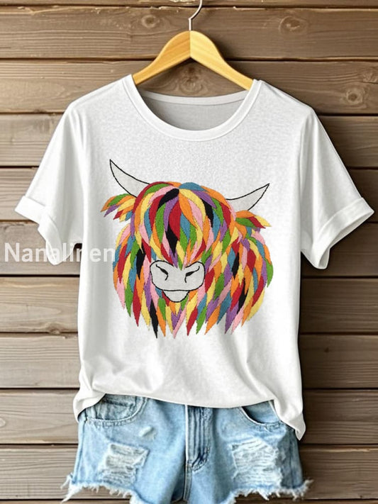 Women’s Highland Cow Embroidered Short Sleeve T-Shirt White / S