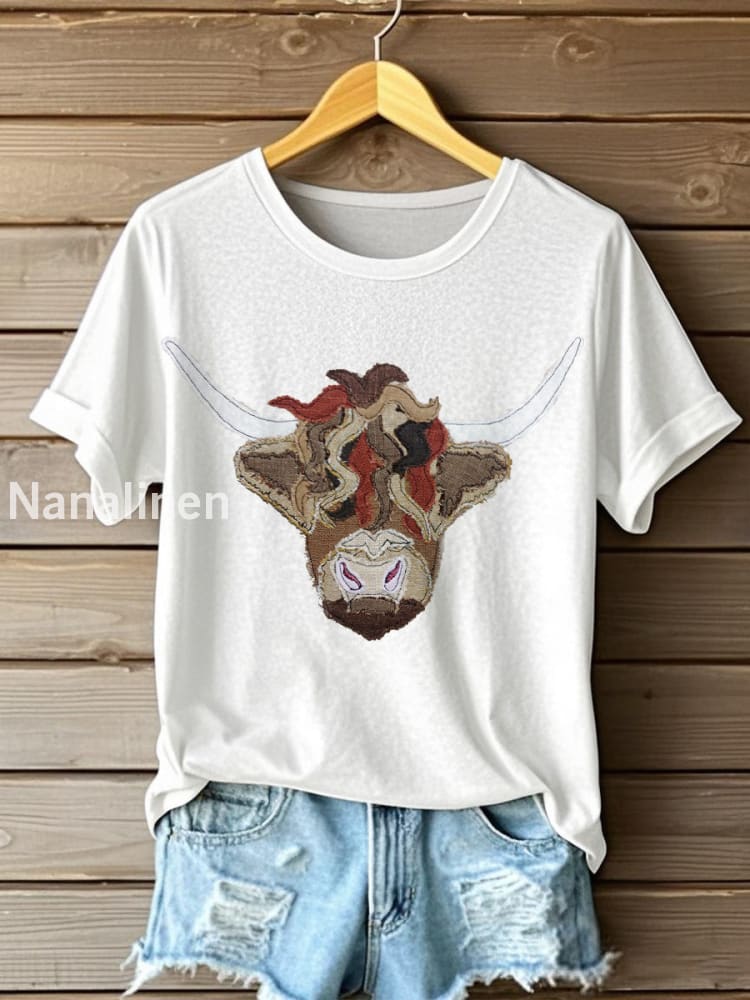 Women’s Highland Cow Pattern Patchwork Art T-Shirt White / S