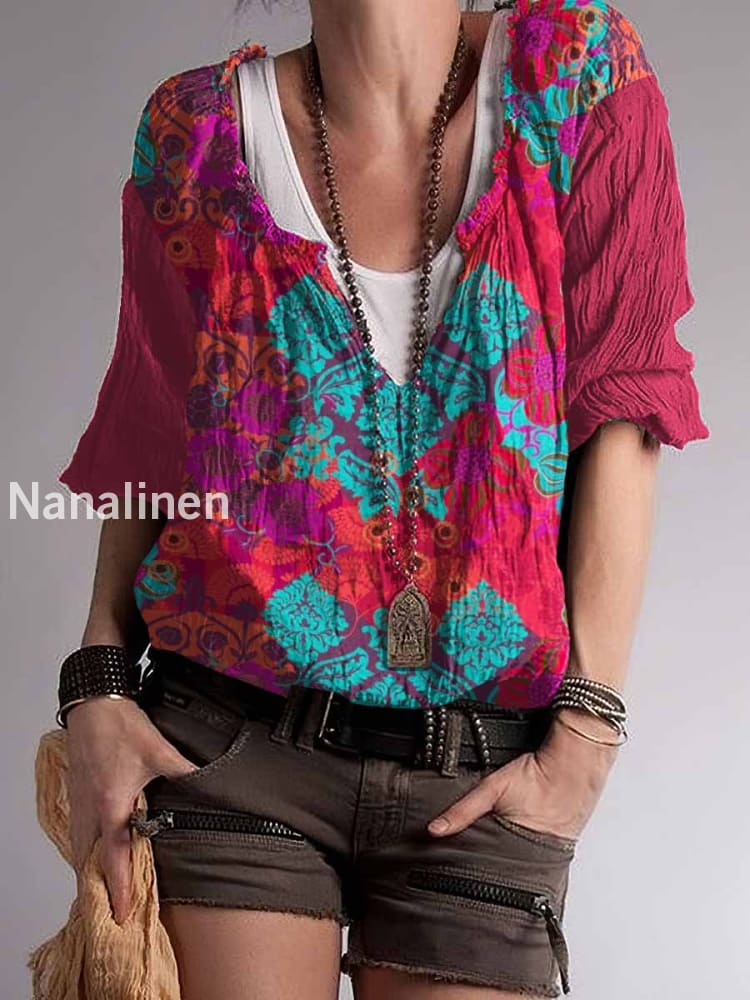 Women`s Hippie Classic Floral Print Cotton Blend V-Neck Top Colorful / S