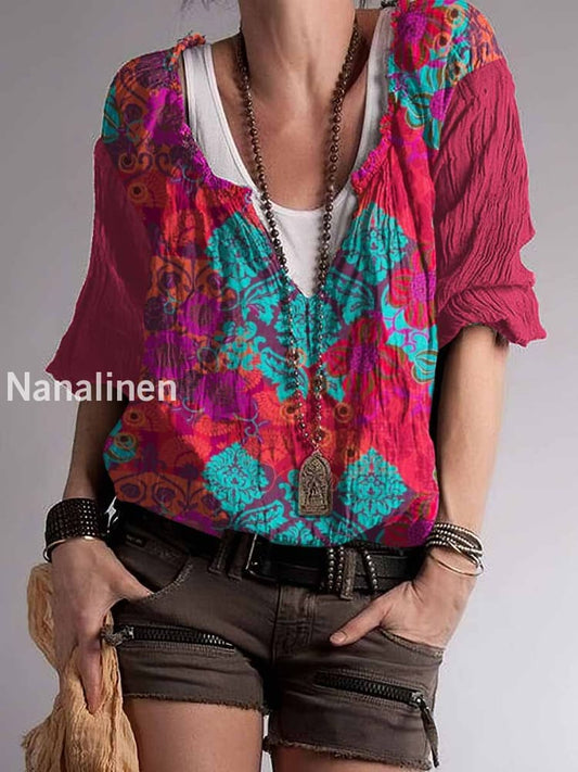 Women`s Hippie Classic Floral Print Cotton Blend V-Neck Top Colorful / S