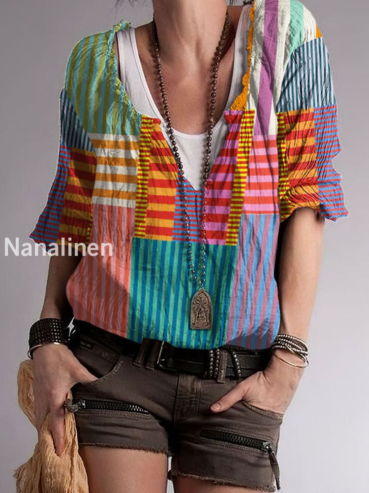 Women`s Hippie Color Contrast Print Cotton Blend V-Neck Top Colorful / S