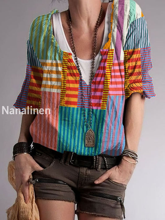 Women`s Hippie Color Contrast Print Cotton Blend V-Neck Top Colorful / S