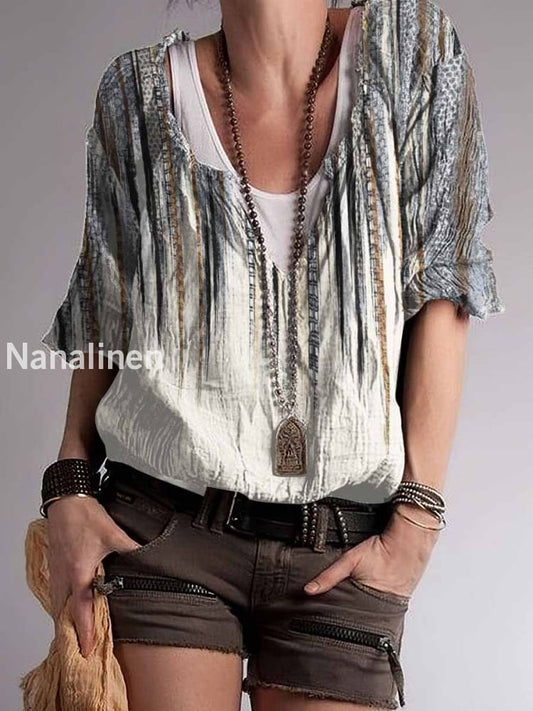 Women`s Hippie Color Contrast Print Cotton Blend V-Neck Top Colorful / S