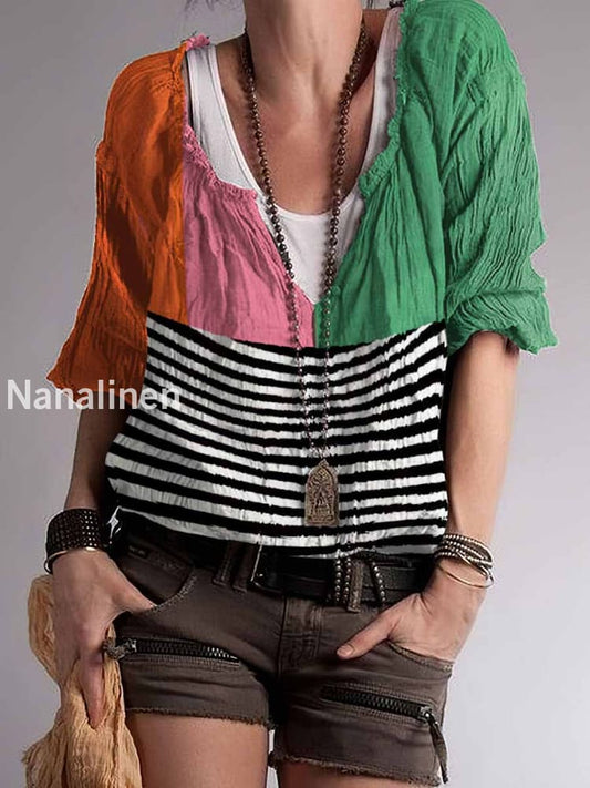 Women`s Hippie Color Contrast Print Cotton Blend V-Neck Top Colorful / S