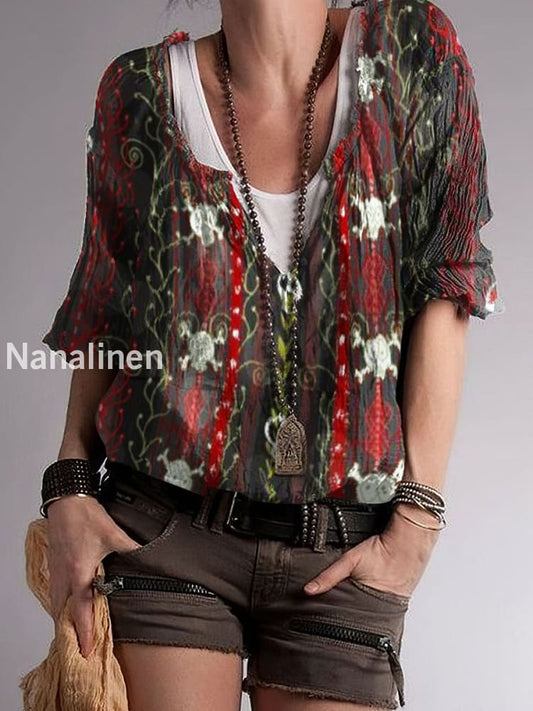 Women`s Hippie Color Contrast Print Cotton Blend V-Neck Top Colorful / S