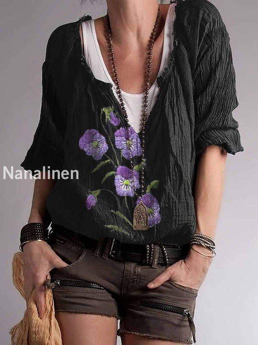Women`s Hippie Color Floral Print Cotton Blend V-Neck Top Black / S