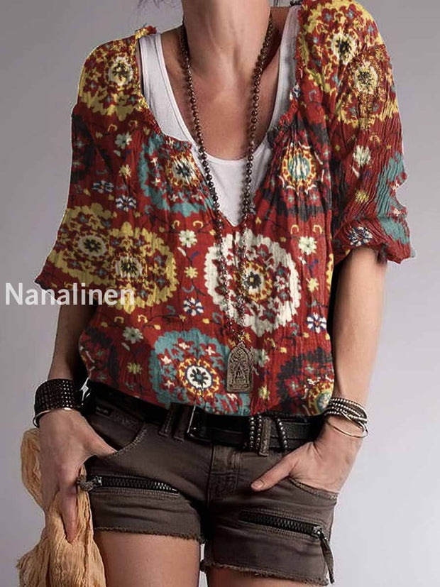 Women`s Hippie Color Floral Print Cotton Blend V-Neck Top Colorful / S