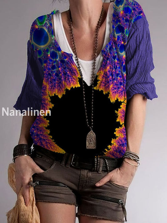 Women`s Hippie Color Print Cotton Blend V-Neck Top Colorful / S