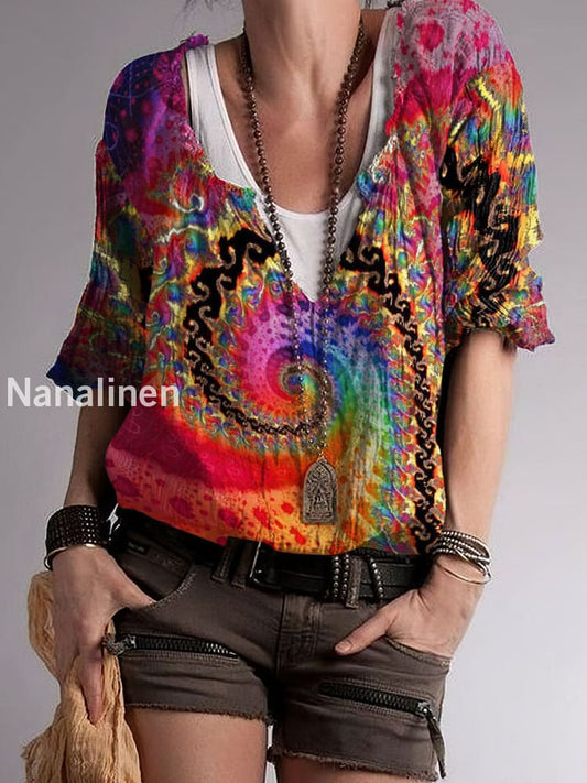 Women`s Hippie Color Print Cotton Blend V-Neck Top Colorful / S