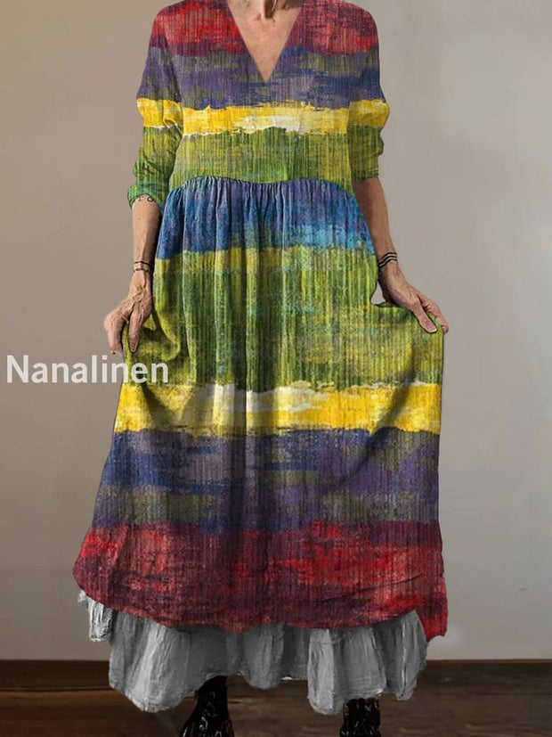 Women`s Hippie Color Stripes Print Cotton and Linen V-neck Midi Dress Colorful / S