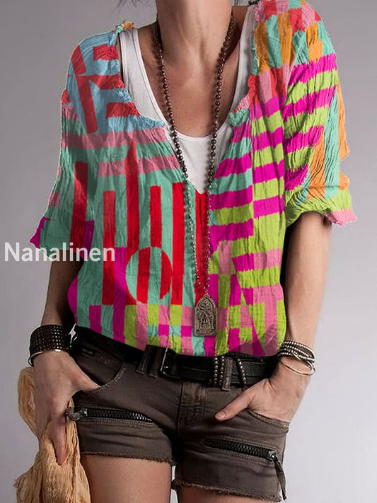 Women`s Hippie Color Stripes Print Cotton Blend V-Neck Top Colorful / S