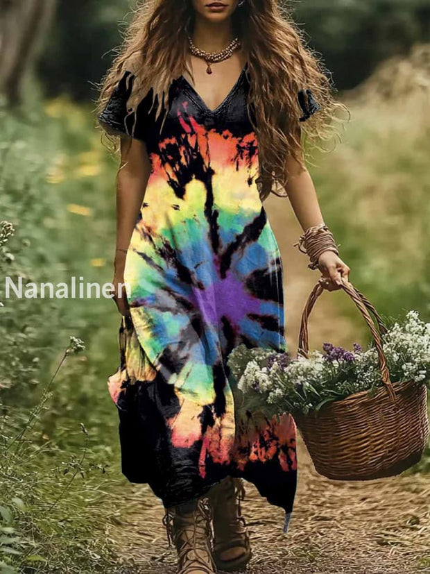 Women’s Hippie Colorful Tie-Dye Art Print Causal Cotton Dresses Colorful / S