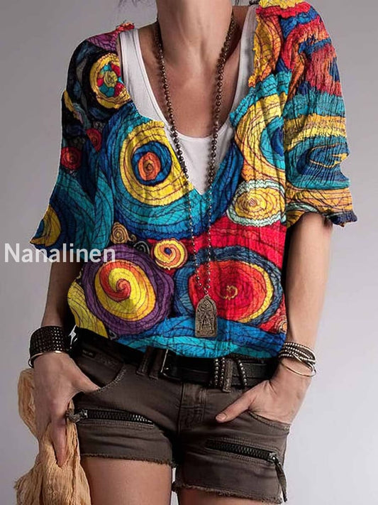Women`s Hippie Colorul Art Print Cotton Blend V-Neck Top Colorful / S
