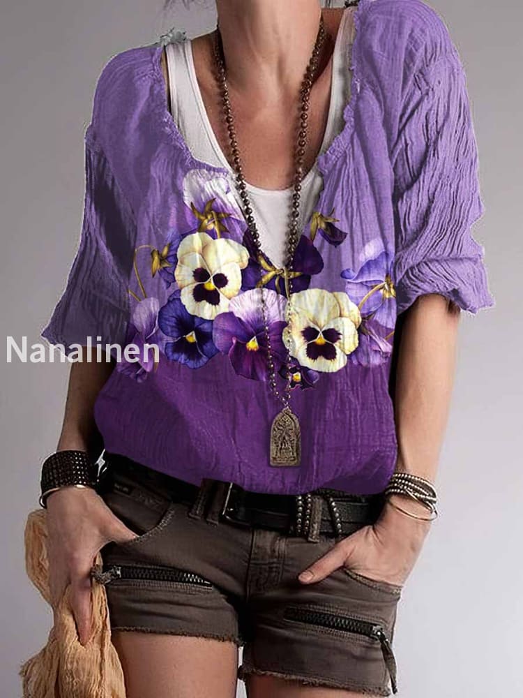 Women`s Hippie Floral Art Print Cotton Blend V-Neck Top Purple / S