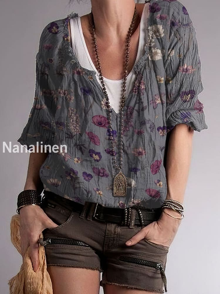 Women`s Hippie Floral Contrast Print Cotton Blend V-Neck Top Colorful / S