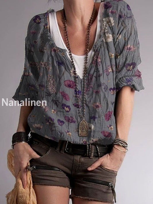 Women`s Hippie Floral Contrast Print Cotton Blend V-Neck Top Colorful / S