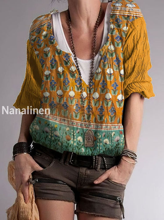 Women`s Hippie Pattern Print Cotton Blend V-Neck Top Colorful / S