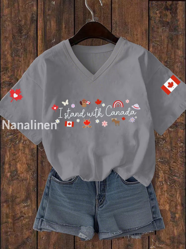 Women’s I Stand With Canada Printed V-neck T-shirt Light Gray / S
