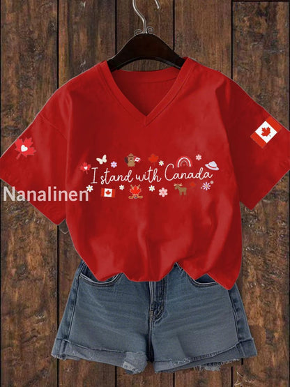 Women’s I Stand With Canada Printed V-neck T-shirt Red / S