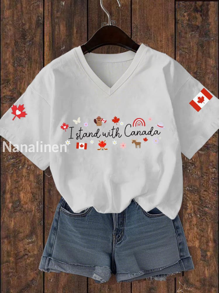 Women’s I Stand With Canada Printed V-neck T-shirt White / 2XL