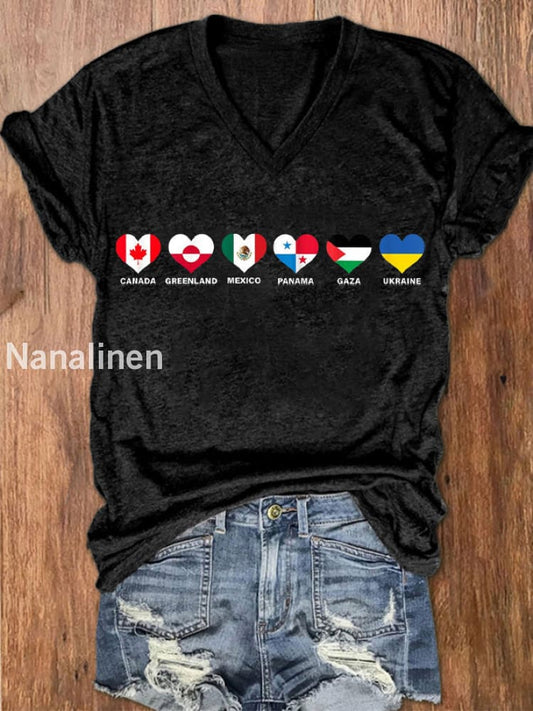 Women’s I Stand WIth Them Flags Print V-Neck Short Sleeve T-Shirt Black / S