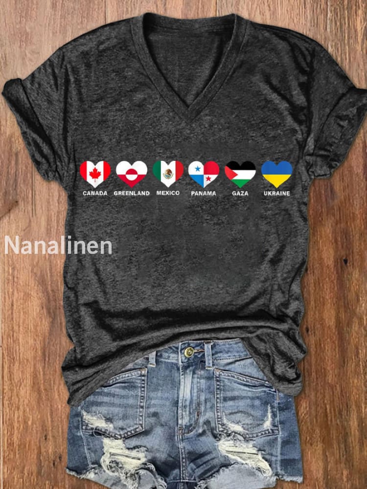 Women’s I Stand WIth Them Flags Print V-Neck Short Sleeve T-Shirt Dark Gray / S