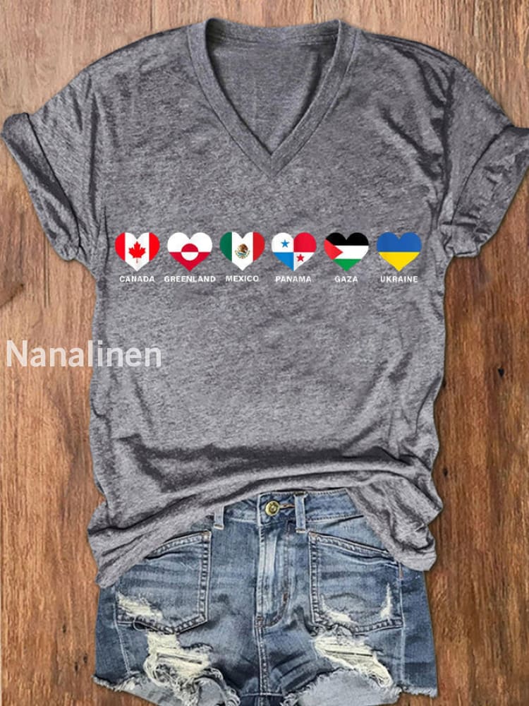 Women’s I Stand WIth Them Flags Print V-Neck Short Sleeve T-Shirt Light Gray / 2XL