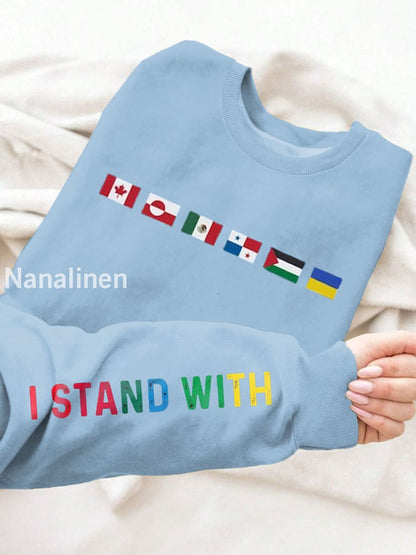 Women’s I Stand With Them Flags Printed Long Sleeve Sweatshirt Light Blue / S