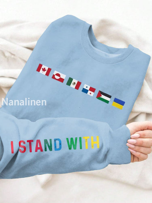 Women’s I Stand With Them Flags Printed Long Sleeve Sweatshirt Light Blue / S