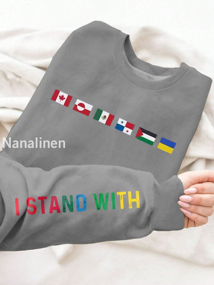 Women’s I Stand With Them Flags Printed Long Sleeve Sweatshirt Light Gray / S