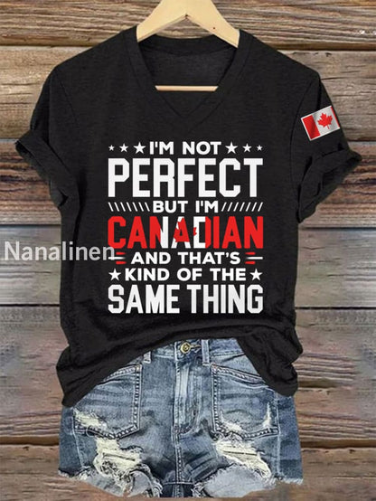 Women’s I’m Not Perfect But I’m Canadian And That’s Kind Of The Same Thing Casual V-Neck Tee Black / S
