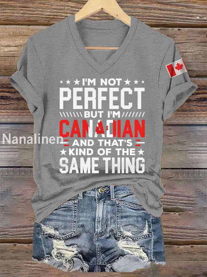 Women’s I’m Not Perfect But I’m Canadian And That’s Kind Of The Same Thing Casual V-Neck Tee Light Gray / S