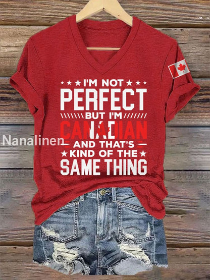 Women’s I’m Not Perfect But I’m Canadian And That’s Kind Of The Same Thing Casual V-Neck Tee Red / S