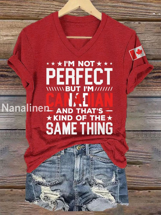 Women’s I’m Not Perfect But I’m Canadian And That’s Kind Of The Same Thing Casual V-Neck Tee Red / S